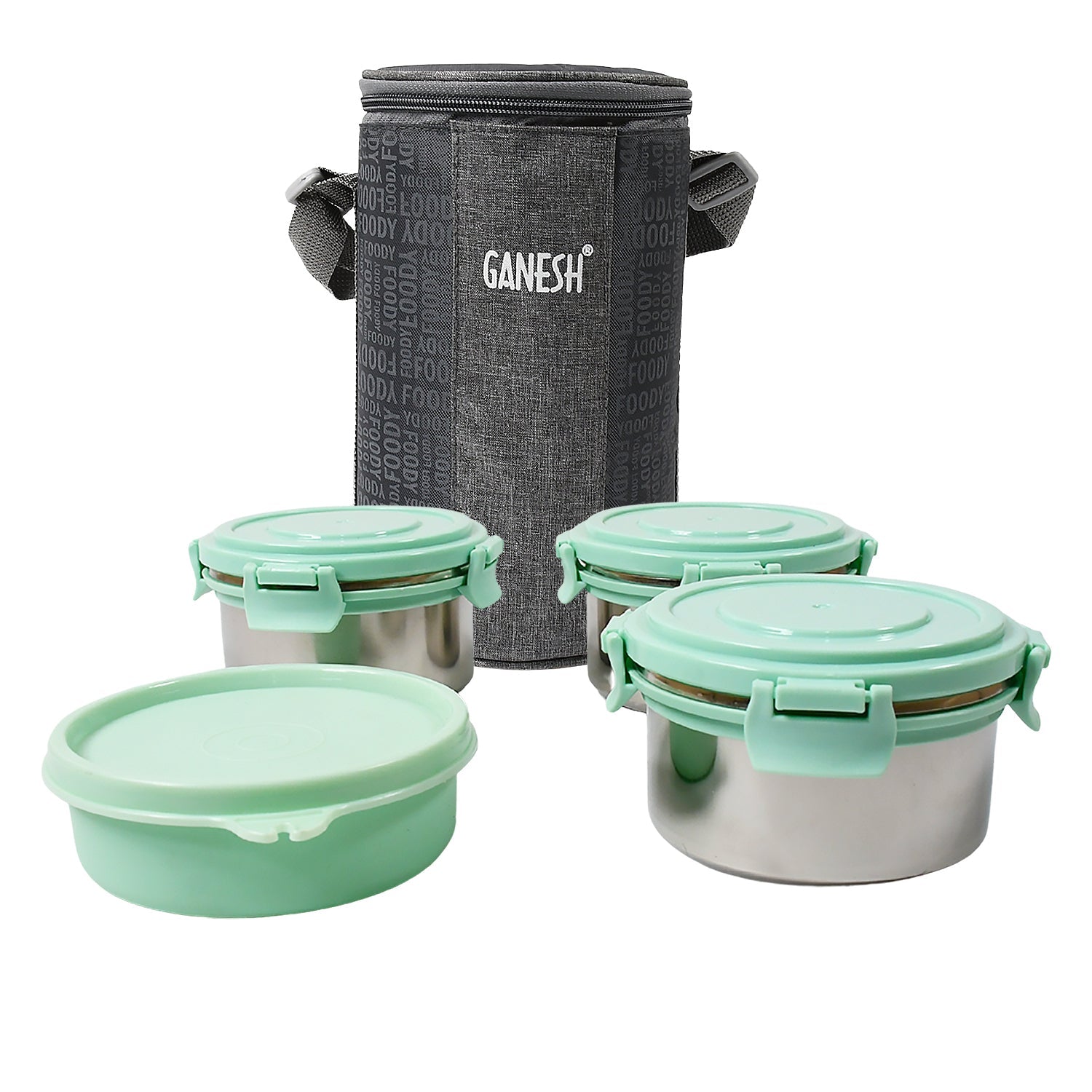 Ganesh 4In1 Tiffin Box-Lunch Box | 3 Stainless Steel Containers 300 Ml Approx & Plastic Salad Container 200 Ml Approx| Plastic lid Box | Round Zip Bag | Leak Proof | Microwave Safe for Office, College and School for Men, Women Ganesh 4In1 Tiffin Box-Lunch Box | 3 Stainless Steel Containers 300 Ml Approx & Plastic Salad Container 200 Ml Approx| Plastic lid Box | Round Zip Bag | Leak Proof | Microwave Safe for Office, College and School for Men, Women